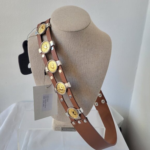 Punt Fibbia Brown Genuine Leather Concho Belt w/Gold-tone Heart Medallions (Size main image 6